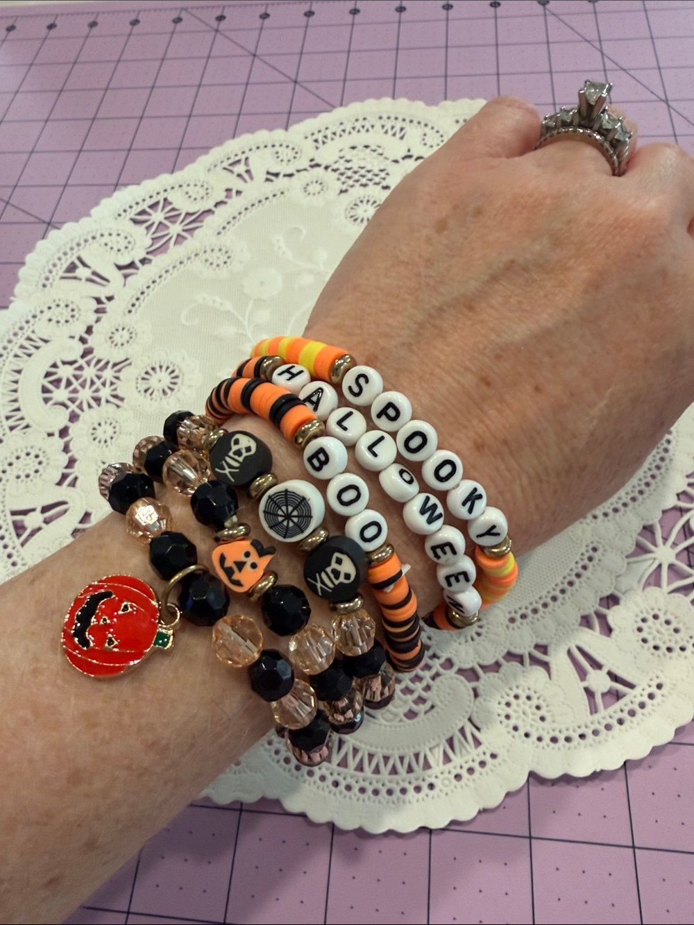 Stretchy set of 6 Halloween Beaded Bracelet Stack - Orange, Black, White